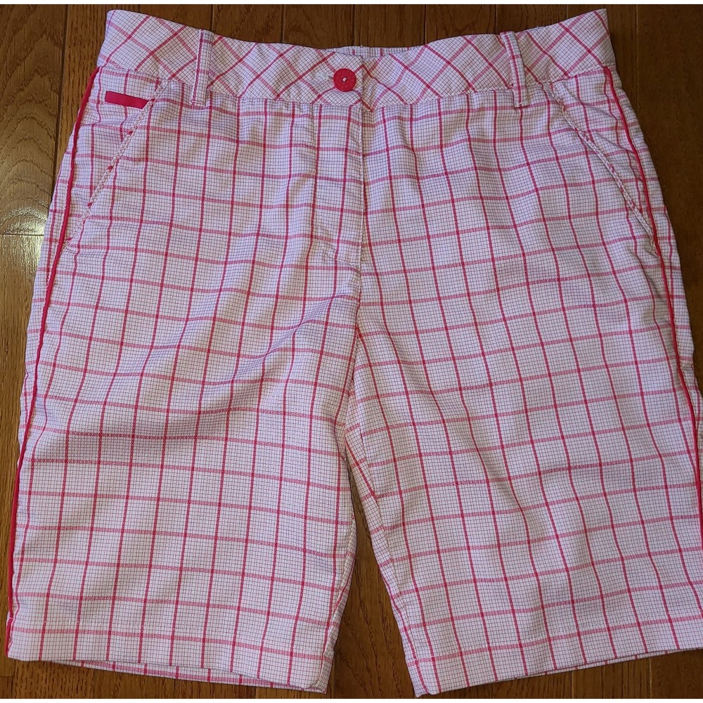 Puma Shorts Womens Sz 8 White Pink Windowpane Bermuda Flat Front 9" Inseam